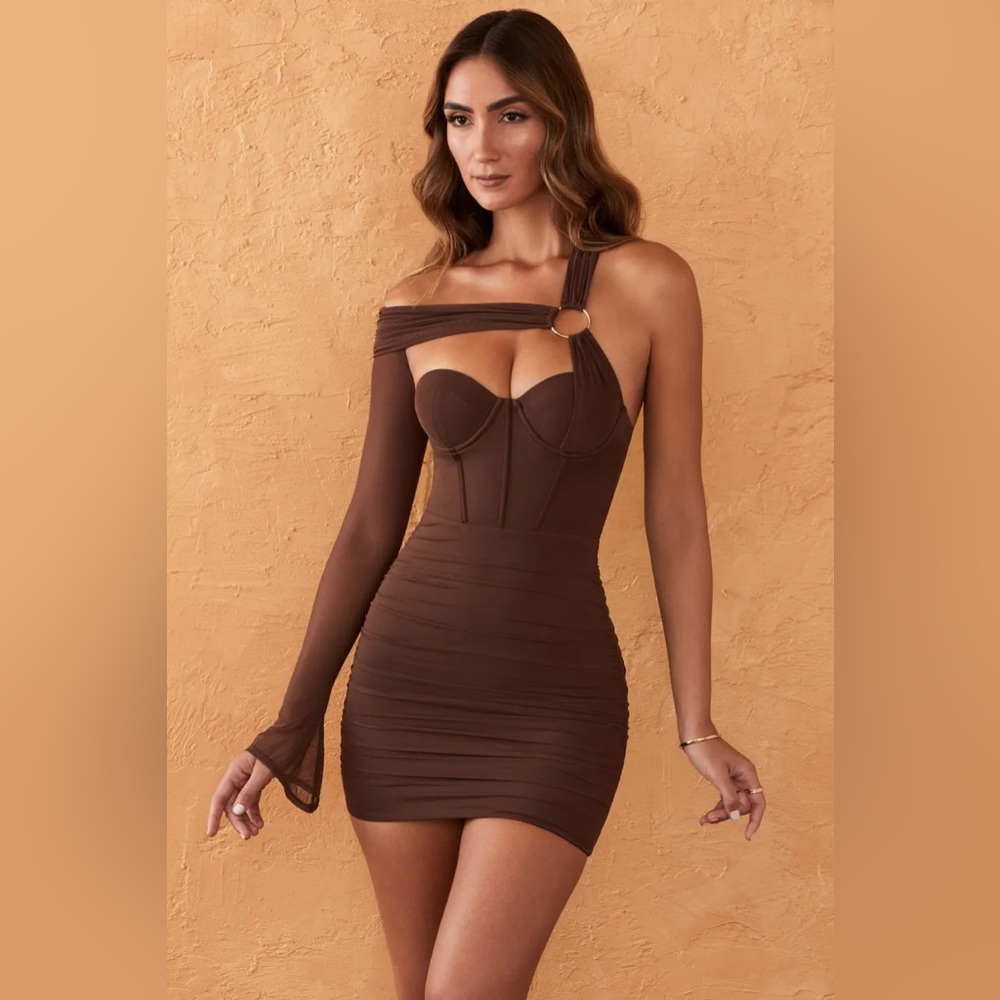 Oh Polly One-Shoulder Corset Mini Dress in Chocolate